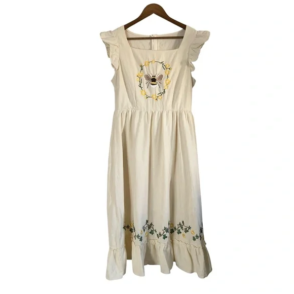 Cream Cotton Embroidered Bee and Garland Vine Square neck Dress - Picture 1 of 10